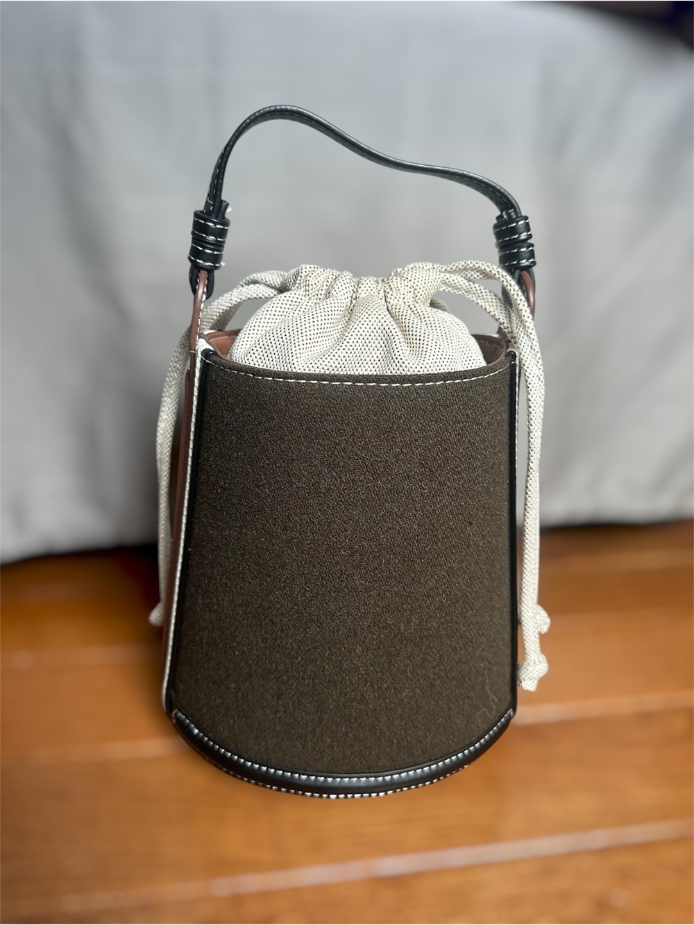 Zara Olive Green Mini Bucket Bag with Cream Drawstring and Brown Accents